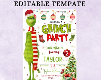 Merry Grinchmas Party Invitation, editable winter invite, printable grinch birthday invitation template, merry christmas