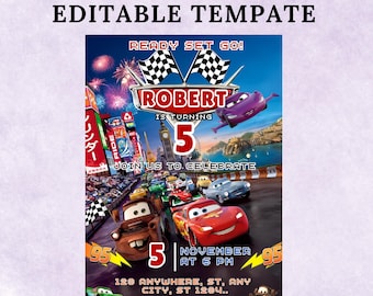 Car Birthday Invitation, Birthday Invitation, LightningMcQueen Invitation, Kids Birthday Invitation, Digital Invitation, Canva Editable