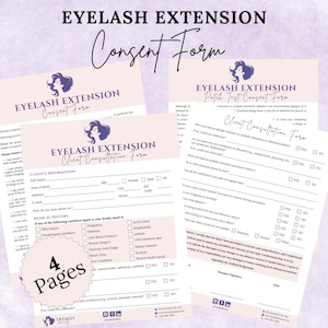 Könnte beinhalten: Vierseitiges Einverständniserklärungsformular für Wimpernverlängerungen mit rosa Hintergrund und violetten Akzenten. Das Formular enthält Kundeninformationen, Krankengeschichte und ein Einverständniserklärungsformular für einen Patch-Test. Das Formular enthält auch einen Abschnitt für die Unterschrift und das Datum des Kunden.