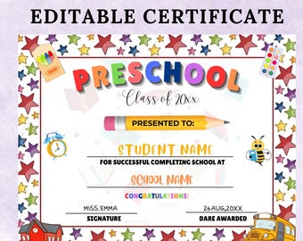 Editable Preschool Graduation Certificate: End of Year Award (Digital Download, Canva Template 11x8.5 inch)