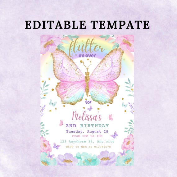 Butterfly Birthday Invitation: Rainbow Floral Garden, Any Age (Digital Download Canva Template 5x7 inch)