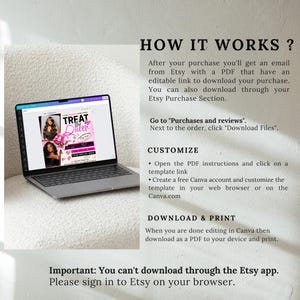 May include: A pink and black digital flyer with the text "Treat the Queen" and instructions on how to download and customize a printable flyer template. The text "Important: You can't download through the Etsy app. Please sign in to Etsy on your browser." is also included.
