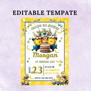 Editable Yellow Minion Birthday Invitation Template, Minions Kids Birthday Party Invite, Kids Birthday Invitation, Girl Minions Invitations