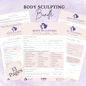 Może przedstawiać: Pakiet 13 drukowanych stron w kolorze różowym i białym do modelowania sylwetki. Pakiet zawiera formularz konsultacji klienta, kartę zabiegów i formularz zgody. Formularze zawierają pytania dotyczące historii choroby, alergii i leków.