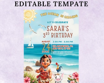 Baby Moana Birthday Invitation: Editable Hawaiian Theme (Digital Template 5x7 inch)