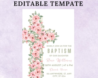 Vintage Floral Baptism Invitation Girl, Dusty Pink Christening Invite (Digital Download)
