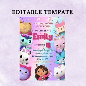 Gabbys Dollhouse Birthday Invitation, Editable Gabby&#39;s Kids Birthday Invite, Gabyys Template Editable Printable, Invite Instant Download