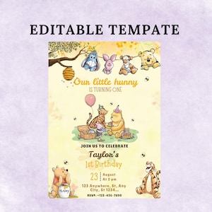 Pooh Birthday Invitation, Winnie The Pooh First Birthday Editable Template, Classic Winnie The Pooh 1st Birthday Party Canva Template