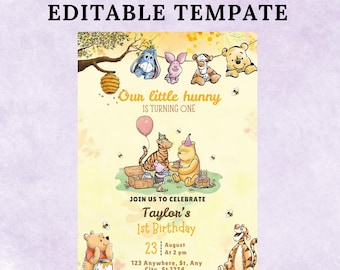 Winnie the Pooh Geburtstagseinladung: Bearbeitbare Canva-Vorlage (13 x 18 cm digitaler Download)
