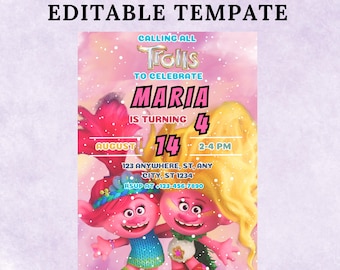 Poppy Trolls Birthday Invitation: Editable Canva Template (5x7 inch Digital Download)