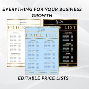 Op de afbeelding: Drie bewerkbare prijslijsten voor een schoonheidssalon of spa. De lijsten zijn op blauwe, zwarte en witte achtergronden met gouden accenten. De lijsten omvatten diensten zoals gezichtsbehandelingen, haarbehandelingen, huidboosters, wimperextensies, waxen en manicures.