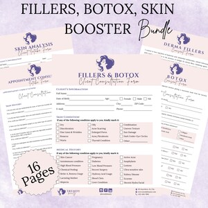 May include: A set of 16 pages of client consultation forms for fillers, botox, and skin booster treatments. The forms include sections for client information, skin history, skin condition, medical history, and consent forms.