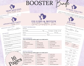 May include: A set of 16 pages of client consultation forms for fillers, botox, and skin booster treatments. The forms include sections for client information, skin history, skin condition, medical history, and consent forms.