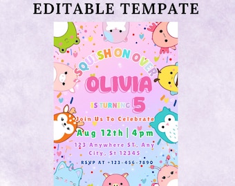 Editable Squishmallow Birthday Invitation: Printable Canva Template (5x7 inch Digital Download