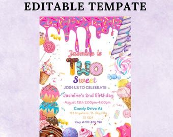 Ice Cream Two Sweet Birthday Invitation | 2nd Birthday Party Invite | Editable Canva Template | Instant Download | Pastel Ice Cream Theme