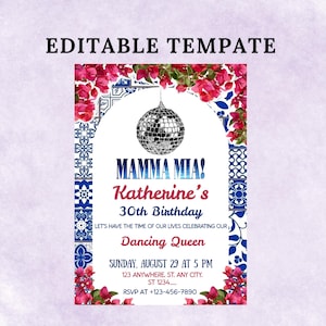 Editable Mamma Mia Birthday Invitation, Dancing Queen Birthday Invite, Greek Party, Mamma Mia Theme, Digital Invitation Template