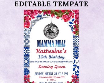 Mamma Mia Birthday Invitation: Dancing Queen Greek Party Theme (Digital Template 5x7 inch)