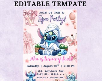 Personalized Stitch Spa Party Invitation: Editable Canva Template (5x7 inch) (Digital Download
