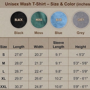 May include: A size and color chart for a unisex wash t-shirt. The chart displays four color circles labeled Black, Moss, Blue, and Grey. A table lists measurements in inches for length, width, and sleeve length across sizes S through XXL.