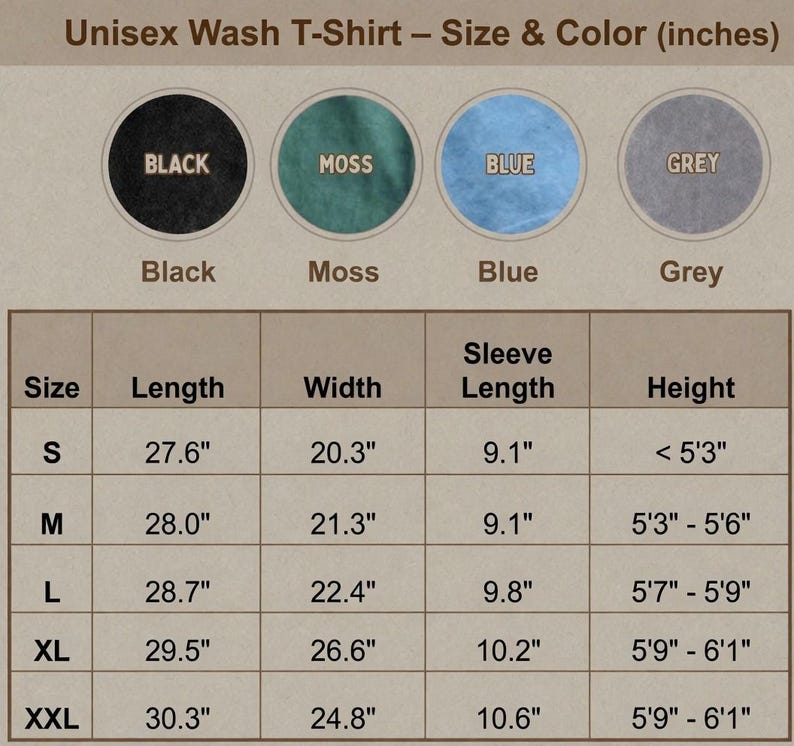 May include: A size and color chart for a unisex wash t-shirt. The chart displays four color circles labeled Black, Moss, Blue, and Grey. A table lists measurements in inches for length, width, and sleeve length across sizes S through XXL.