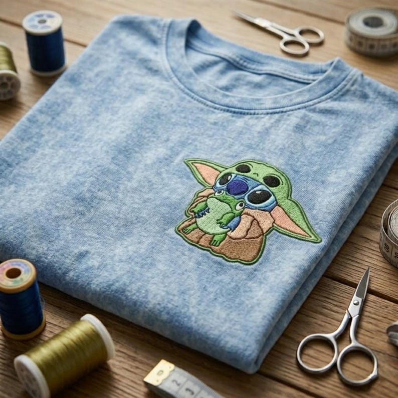 May include: A light blue acid-wash t-shirt featuring an embroidered patch of a green alien character holding a small green frog. The shirt is surrounded by sewing supplies including blue and gold thread spools, metal scissors, and a measuring tape.