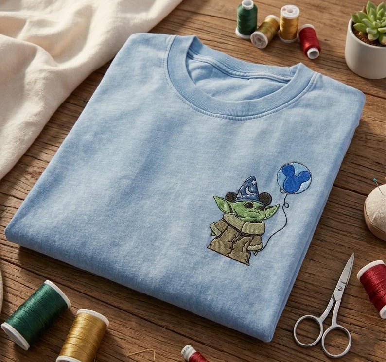 May include: A light blue t-shirt featuring an embroidered graphic of a green creature wearing a blue wizard hat with stars and moons, holding a blue balloon shaped like a mouse head. The embroidery is positioned on the left chest area.