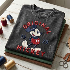Puede incluir: Una camiseta gris carb&oacute;n con efecto lavado al &aacute;cido que presenta un bordado de Mickey Mouse. El dise&ntilde;o incluye el texto rojo "ORIGINAL MICKEY" arqueado sobre y bajo el personaje, con los n&uacute;meros "19" y "28" en azul a los lados.