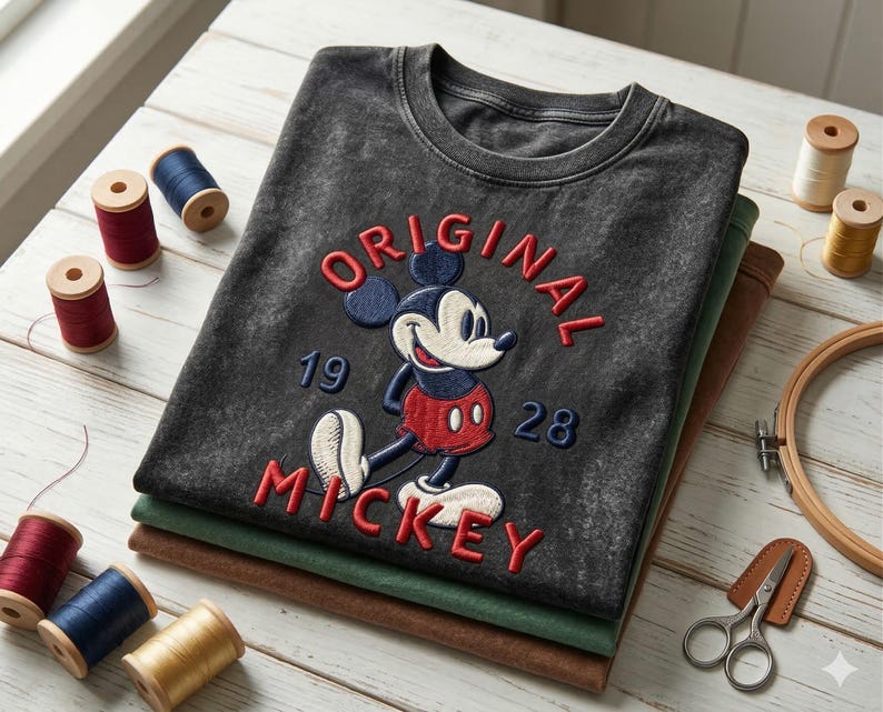 Puede incluir: Una camiseta gris carb&oacute;n con efecto lavado al &aacute;cido que presenta un bordado de Mickey Mouse. El dise&ntilde;o incluye el texto rojo "ORIGINAL MICKEY" arqueado sobre y bajo el personaje, con los n&uacute;meros "19" y "28" en azul a los lados.
