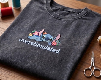Disney Stitch Overstimulated Embroidered T-Shirt, Lilo and Stitch Vintage Wash Tee, Disneyland Vacation Shirt, Retro Disney Park Outfit