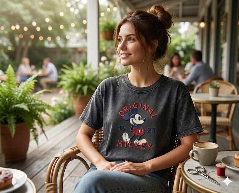Puede incluir: Una camiseta de manga corta gris carb&oacute;n con un gr&aacute;fico de Mickey Mouse con pantalones cortos rojos y zapatos amarillos, con el texto rojo "ORIGINAL" arriba, "19 28" en el medio y "MICKEY" abajo, combinada con pantalones vaqueros azules.