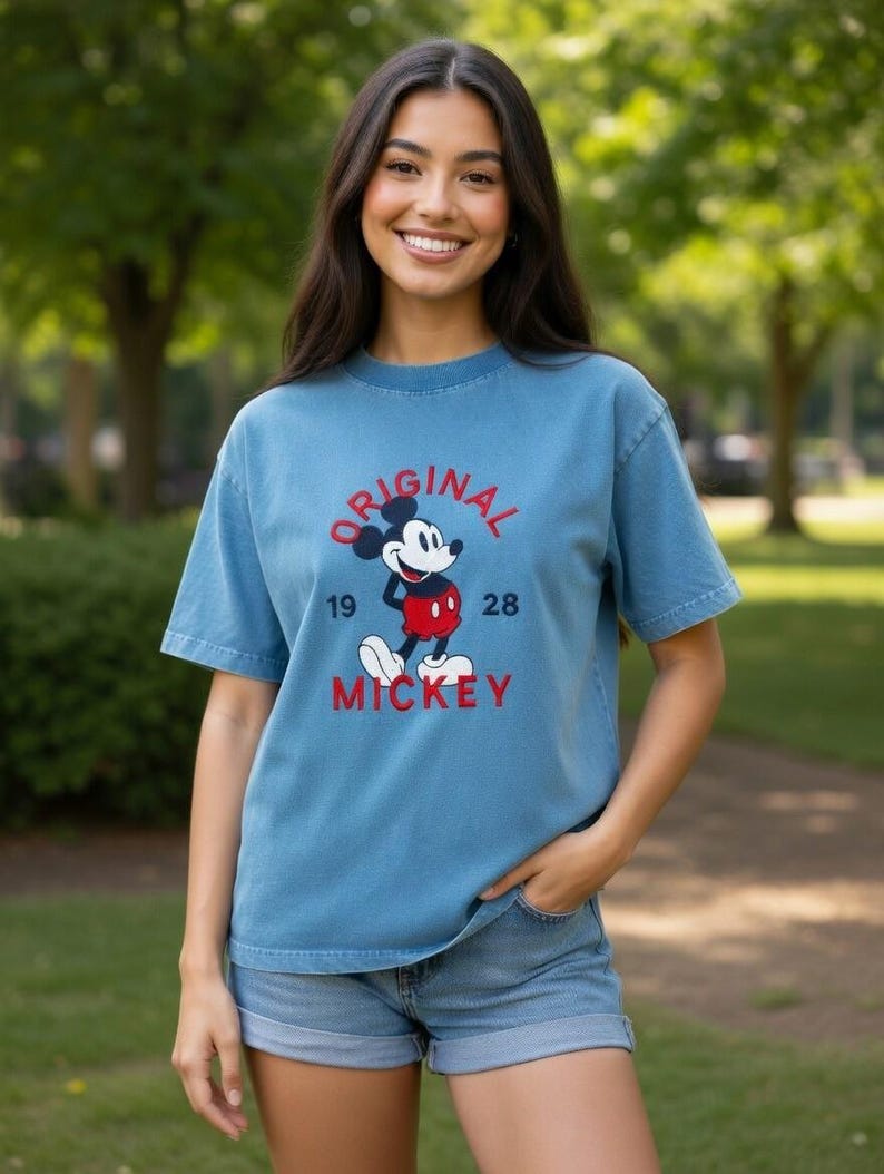 Puede incluir: Una camiseta azul de manga corta con un gr&aacute;fico de Mickey Mouse con pantalones cortos rojos y zapatos blancos. El texto "ORIGINAL" est&aacute; arqueado encima, "19" y "28" a los lados, y "MICKEY" est&aacute; impreso en rojo debajo del gr&aacute;fico.