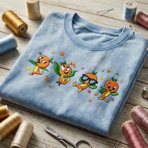 Puede incluir: Una camiseta azul claro de cuello redondo con un diseño bordado de cuatro pájaros naranjas con hojas verdes. Un pájaro lleva gafas de sol azules. La camiseta está rodeada por varios carretes de hilo de coser y unas tijeras de metal.