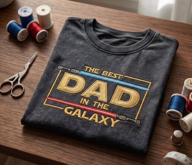 May include: A charcoal gray t-shirt featuring an embroidered design with the text THE BEST DAD IN THE GALAXY in gold letters. The text is framed by a blue light saber at the top and a red light saber at the bottom, creating a rectangular border.