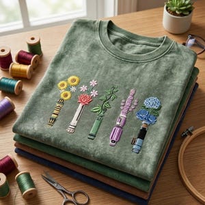 K&ouml;nnte beinhalten: Ein salbeigr&uuml;nes T-Shirt mit Rundhalsausschnitt und f&uuml;nf Stickereien von Lichtschwertern, die mit verschiedenen Blumen wie Sonnenblumen, einer rosa Rose, gr&uuml;nen Bl&auml;ttern, Lavendelzweigen und blauen Hortensien verziert sind, gestapelt auf einer Holzoberfl&auml;che.