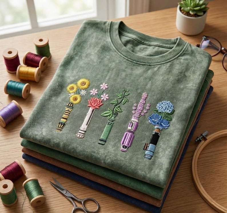 K&ouml;nnte beinhalten: Ein salbeigr&uuml;nes T-Shirt mit Rundhalsausschnitt und f&uuml;nf Stickereien von Lichtschwertern, die mit verschiedenen Blumen wie Sonnenblumen, einer rosa Rose, gr&uuml;nen Bl&auml;ttern, Lavendelzweigen und blauen Hortensien verziert sind, gestapelt auf einer Holzoberfl&auml;che.