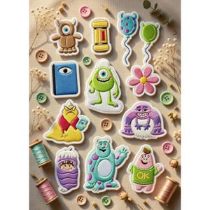 May include: Embroidered patches of Monsters, Inc. characters, including Mike Wazowski and Sulley, are displayed with decorative buttons and thread spools. The patches are in various colours. The patches are suitable for clothing or craft projects.