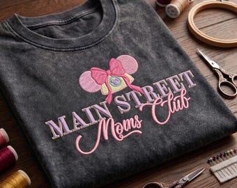 Embroidered Main Street Moms Club Washed T-Shirt, Disney Minnie Mouse Mom Shirt, Disneyland Vacation Shirt, Retro Disney Park Outfit