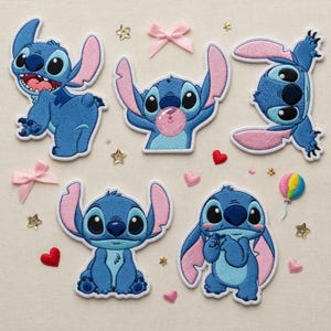 May include: Five embroidered patches featuring the blue alien character Stitch in various poses, including standing, blowing a bubble, and hanging. The set includes small decorative elements like pink bows, gold stars, red hearts, and a colorful balloon.