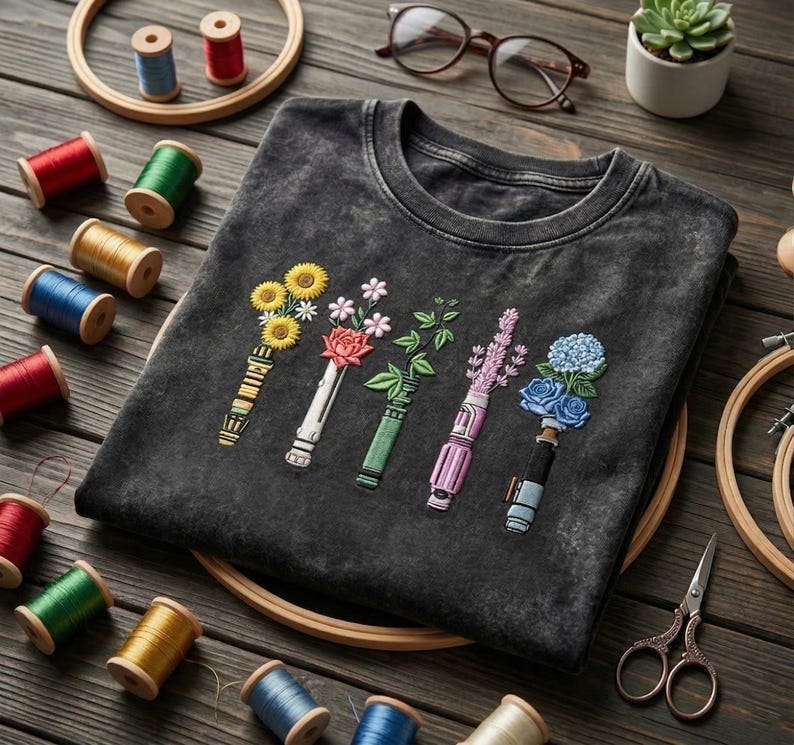 K&ouml;nnte beinhalten: Ein anthrazitfarbenes T-Shirt in Acid-Wash-Optik mit f&uuml;nf Stickereien, die Lichtschwertgriffe zeigen, welche mit verschiedenen Blumen wie Sonnenblumen, einer Rose, gr&uuml;nem Blattwerk, Lavendel und blauen Hortensien verziert sind.