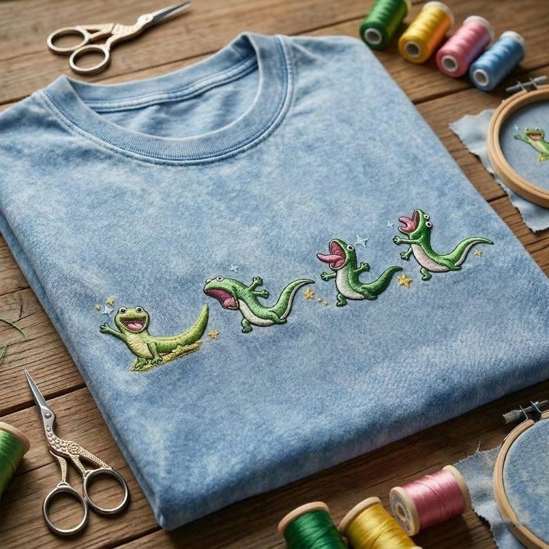 May include: A light blue acid-wash t-shirt featuring an embroidered design of four green lizards in various poses, accented with small yellow stars. The shirt is surrounded by sewing supplies including metal scissors and colourful thread spools.