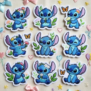 May include: A set of nine embroidered patches featuring the blue alien character Stitch in various poses, surrounded by colourful flowers, green leaves, and orange butterflies, arranged on a light fabric background with small decorative icons.