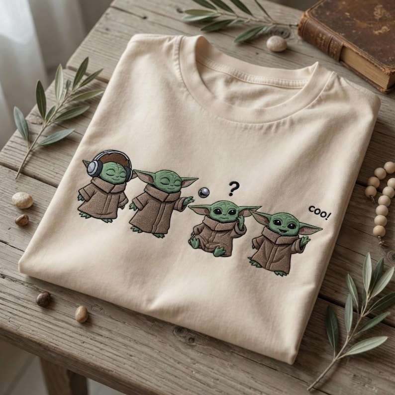 May include: A beige t-shirt featuring a graphic of four green creatures in brown robes. The first wears headphones, the second reaches out, the third sits with a question mark and a small sphere, and the fourth waves with the text coo! printed nearby.