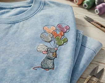 Koszulka z haftem Remy Ratatouille Chef Mouse z balonami Myszki Miki, sprana, koszula z motywem Disneyland Vacation, strój retro Disney Park