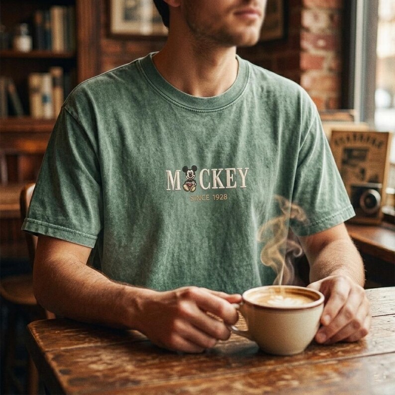 May include: A sage green short-sleeve t-shirt featuring a graphic of a cartoon mouse head replacing the letter O in the word MICKEY, with the text SINCE 1928 printed underneath in a clean, light-colored font on the center of the chest.