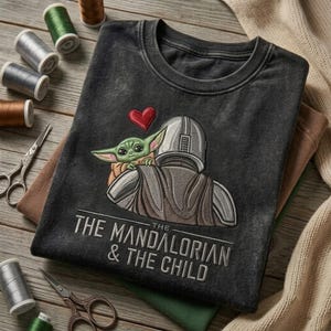 May include: A charcoal gray t-shirt featuring an embroidered graphic of a helmeted figure carrying a small green creature with large ears. A red heart is positioned above the creature. The text THE MANDALORIAN & THE CHILD is embroidered below.