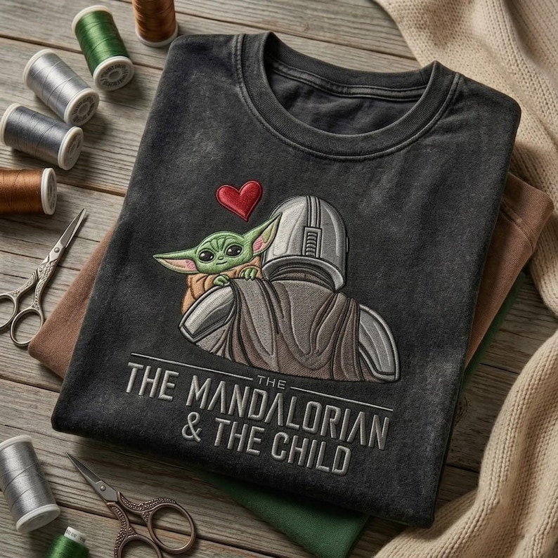 May include: A charcoal gray t-shirt featuring an embroidered graphic of a helmeted figure carrying a small green creature with large ears. A red heart is positioned above the creature. The text THE MANDALORIAN & THE CHILD is embroidered below.