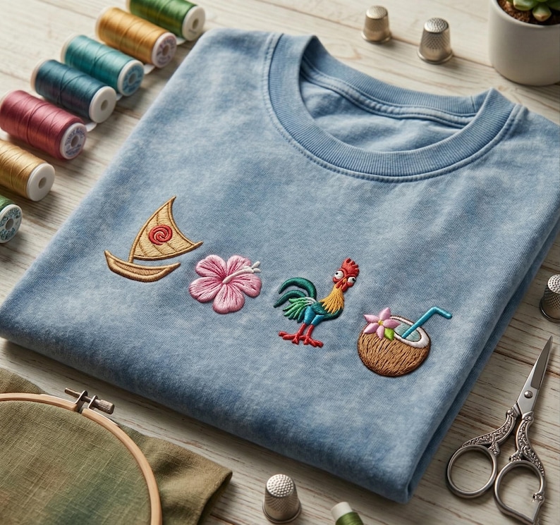 Pode incluir: Uma camisola de gola redonda azul-clara com quatro bordados: um veleiro bege com uma espiral vermelha, uma flor de hibisco cor-de-rosa, um galo colorido com penas vermelhas e azuis e um coco com uma palhinha azul.