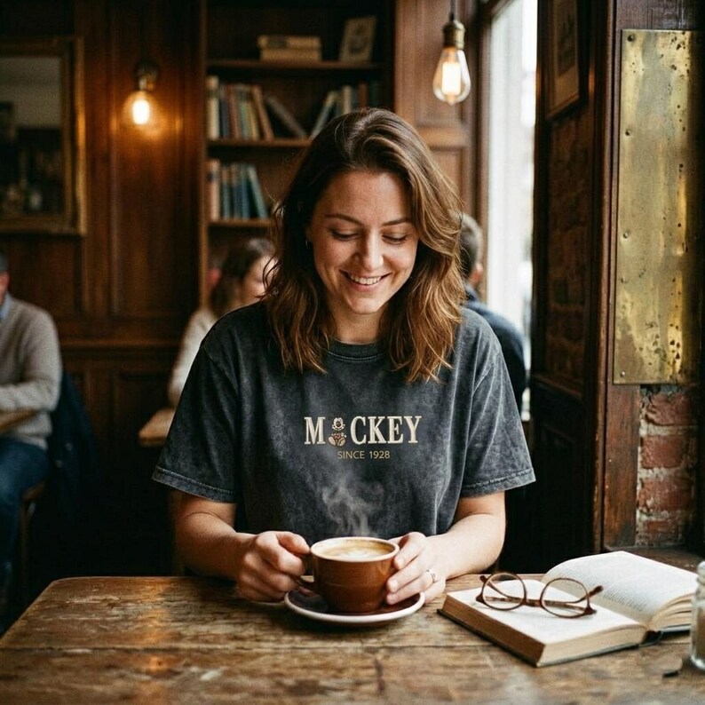 May include: A charcoal gray short-sleeve t-shirt with a faded wash, featuring the text MOCKEY and the smaller text SINCE 1928 printed in a light beige color across the chest. The shirt has a crew neckline and a relaxed fit.