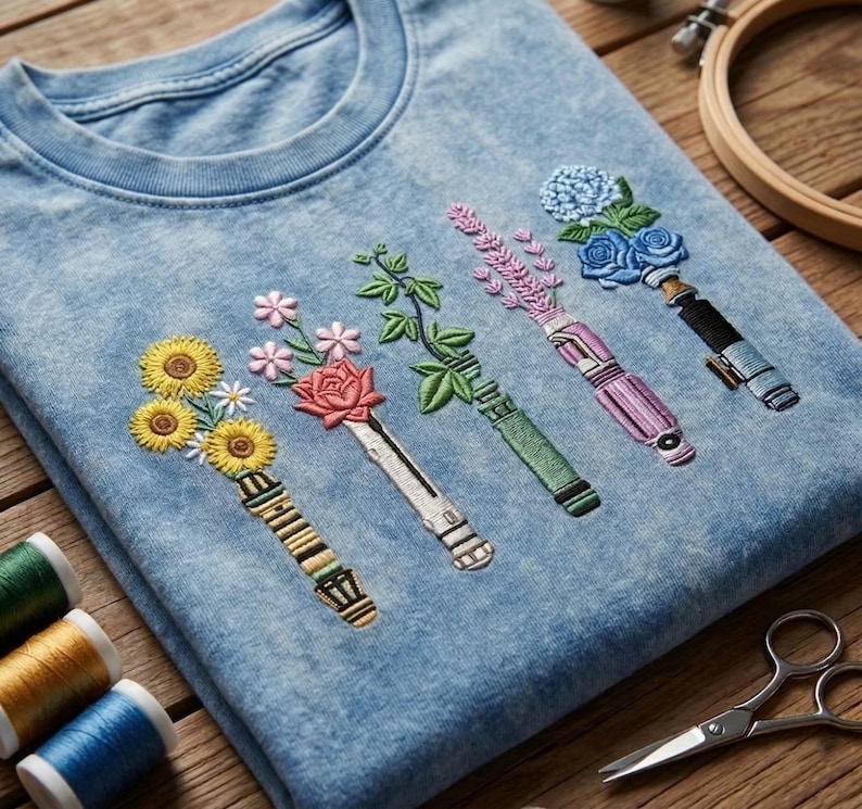 K&ouml;nnte beinhalten: Ein hellblaues T-Shirt in Acid-Wash-Optik mit f&uuml;nf Stickereien, die metallische Griffe zeigen, welche mit verschiedenen Blumen wie Sonnenblumen, einer roten Rose, gr&uuml;nen Ranken, Lavendel und blauen Hortensien verziert sind.