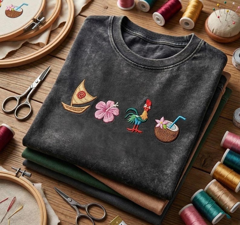 Pode incluir: Uma t-shirt cinzenta-carv&atilde;o com efeito de lavagem &aacute;cida, apresentando quatro &iacute;cones bordados: um veleiro bege com uma espiral vermelha, uma flor de hibisco rosa, um galo colorido e um coco castanho com uma flor rosa e uma palhinha azul.
